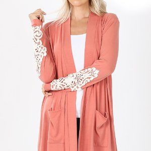 New Zenana Open Front Cardigan Lace Sleeves Ash Rose sz XL